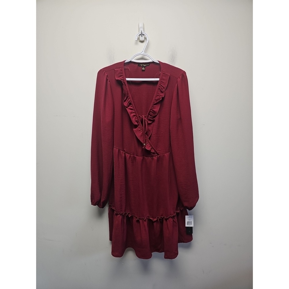 City Triangles Maroon Ruffle V-Neck Tiered Long Sleeve Mini Dress XL PAAL1175T1